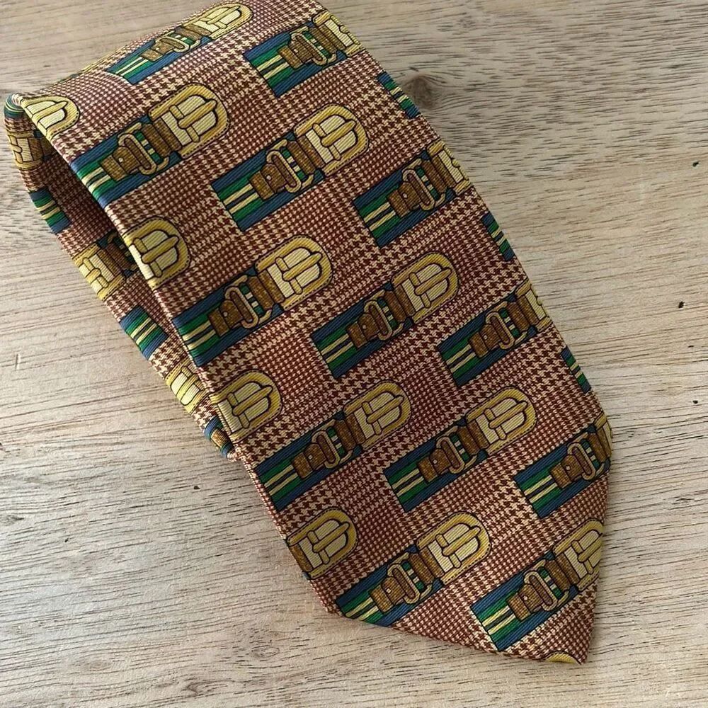 Harrods vintage tie with belt design gold blue 100% silk made in England